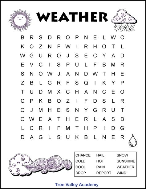 Free printable easy weather word search for kids. This beginner level puzzle is ideal for students in 1st or 2nd grade. 12 hidden words for kids to find.  Also a fun coloring activity as there are several weather pictures for kids to color. Pdf includes answers. Weather Word Search Free Printable, Fun Worksheets For 2nd Grade, Weather 1st Grade, Free Printable Worksheets For 2nd Grade, Word Search Grade 2, Word Search For 2nd Grade, 1st Grade Word Search, 2nd Grade Printables Free Worksheets, Word Search For Grade 1