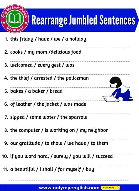 20 Rearrange Jumbled Sentences with Answers Answering In Complete Sentences, Jumbled Sentences Worksheets, Common App Essay, Jumbled Words, Sentence Scramble, Teach English To Kids, English Grammar For Kids, Scramble Words, Meaningful Sentences