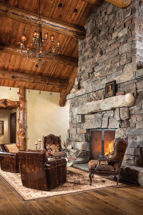 Rustic Stone Fireplace, Stone Fireplace Designs, Cabin Fireplace, Fireplace Pictures, Timber Frame House, Modern Mountain Home, Rock Fireplaces, Farmhouse Fireplace, Rustic Fireplaces