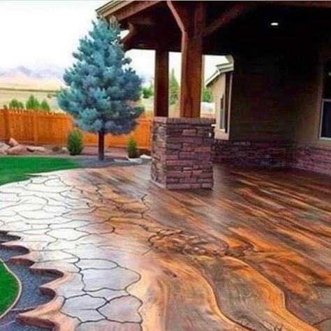 Happy Gardens 😀 on Instagram: "This backyard deck concept is stamped concrete with staining made to look like live edge wood!! 🪵 . @inspiringdesignsnet" Stained Concrete Floors Interior, Concrete Slabs Backyard Ideas, Deck Edging Ideas, Wood Stamped Concrete, Diy Concrete Stain, Poured Concrete Patio, Walk Ideas, Outside Flooring, Patio Decorations