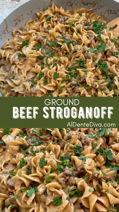 GROUND BEEF STROGANOFF Small Batch Beef Stroganoff, How To Make Beef Stroganoff, Groundbeef Easy Dinner, Stroganoff Recipe Ground Beef, Beef Stoganoff, Beef Stroganoff Ground Beef, Stroganoff Ground Beef, Beef Stroganoff With Ground Beef, Low Carb Beef Stroganoff