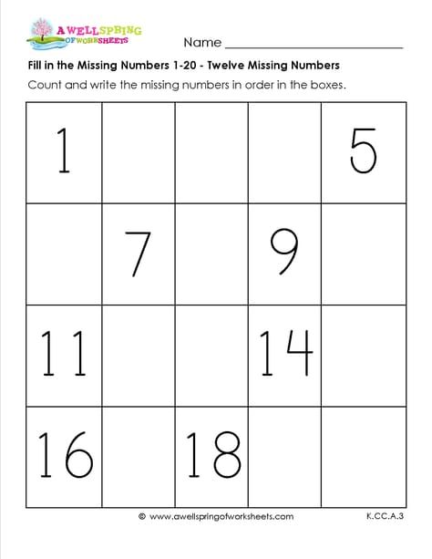 Fill in the Missing Number 1-20 -These six worksheets are great for helping kids count and write their numbers from 1-20. The number of blank spaces varies from 6 to 10 to all 20 numbers missing. Useful as an assessment tool, too! Number Worksheets Kindergarten, Counting Practice, Numbers Worksheet, Numbers Kindergarten, Missing Numbers, Numbers Preschool, Number Worksheets, Kindergarten Math Worksheets, Kindergarten Writing