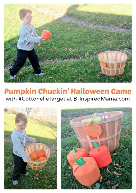 Playing Our DIY Pumpkin Chuckin' Halloween Game Sponsored by #CottonelleTarget at B-Inspired Mama Hallo Wiener Activities, Fall Ring Toss, Pumpkin Slingshot Diy, Thanksgiving Relay Races For Kids, Pumpkin Chuckin, Pumpkin Chunkin, Games For Teenagers, Autumn Picnic, Fall Festival Games