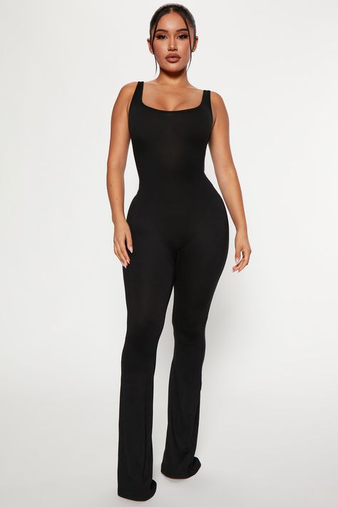 Available In Mocha. Jumpsuit Sleeveless Back Cut Out Ruched Booty Flare Leg Stretch 95% Polyester 5% Spandex Imported | Match My Vibe Jumpsuit in Black size Small by Fashion Nova Fashion Nova Jumpsuit, Halter Dress Short, Straps Jumpsuit, Flare Jumpsuit, Classy Girl, Backless Jumpsuit, Evening Dresses Short, Jumpsuit Outfit, Jenner Outfits