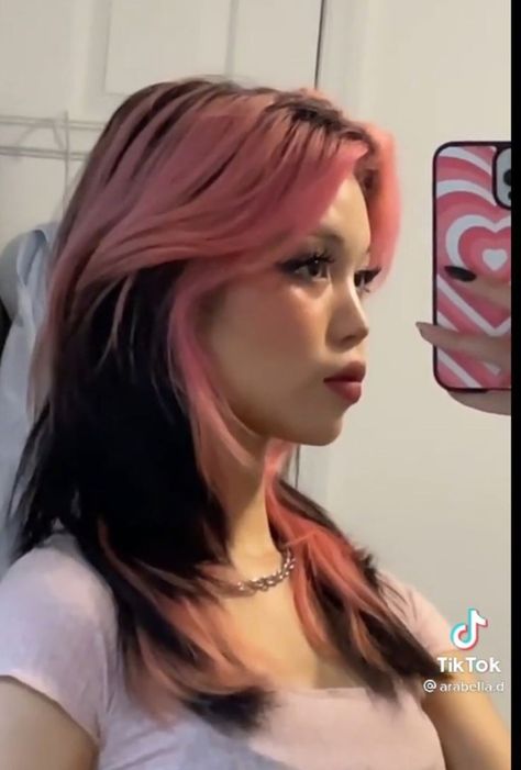 Top Layer Dyed Hair, Middle Part Dyed Hair, Checker Hair Dye, Pink Hair With Black Underneath, Blonde With Dyed Tips, Pink On Top Black On Bottom Hair, Skunk Dyed Hair Pink, Partially Dyed Hair Ideas, Hair Dye Ideas Wavy Hair