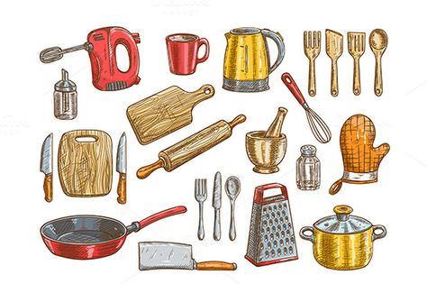 Vector kitchen tools set. #Kitchenware appliances #vector isolated elements. #Cooking utensils and cutlery #icons  download now➩ https://creativemarket.com/Seamartini/888043-Kitchenware-utensil-appliance-icon?u=Datasata Red Wine Drinks, Vector Kitchen, Kitchenware Design, How To Thicken Sauce, Kitchen Tool Set, Slow Cookers, Kitchen Equipment, Business Icons Design, Mandolin