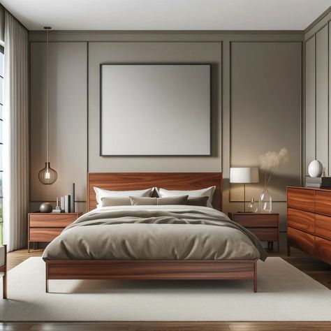 greige walls with cherry wood bedroom furniture Dark Wood Bedframe, Bedroom Dark Wood, Cherry Wood Bedroom Furniture, Cherry Wood Bedroom, Contemporary Modern Bedroom, Small Room Paint, Wood Bedroom Decor, Cherry Bedroom Furniture, All Wood Furniture