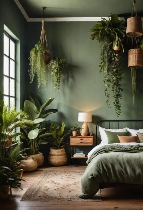 39 Sage Green Farmhouse Bedroom Ideas: Trendy Rustic Chic 40 Green Plant Bedroom Ideas, Romantic Green Bedroom Ideas, Green House Aesthetic Bedroom, Green Room Decoration, Black Green And Wood Bedroom, Sage Green Bedroom With Plants, Bedroom Green Palette, Bedrooms With Plants Aesthetic, Sage Green Tan And Black Bedroom