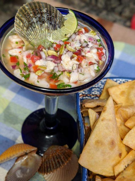 As you may have noticed, we love ceviche in the summer time. This recipe uses fresh caught bay scallops for the perfect mid-day treat while out on the boat diving for more scallops. #harvestingnatu… Tropical Salad Recipes, Civeche Recipe, Scallop Ceviche Recipe, Bay Scallop Recipes, Scallop Ceviche, Bay Scallops, Fresh Scallops, Ceviche Recipe, Sushi Night