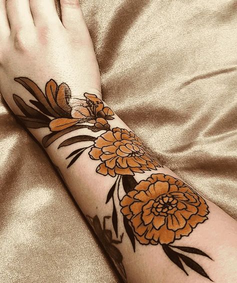 Marigold Petals Tattoo, Marigold Sleeve Tattoo, Marigold Hand Tattoo, Marigold Butterfly Tattoo, Marigold Tattoo Traditional, Traditional Marigold Tattoo, Marigold Tattoo Design, Marigold Tattoos, Marigold Flower Tattoo