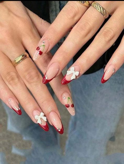 Italy Nails Design, White French Tip With Design, Cherry Almond Nails, Simple Red Nails, Winter Nail Inspiration, Nails Lips, Wow Nails, Hello Nails, Cute Simple Nails