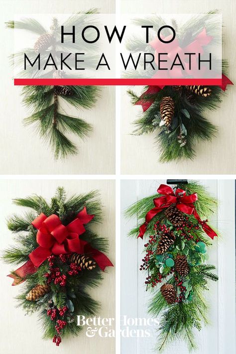 A Christmas swag wreath is an easy way to add traditional evergreen to your door without building a whole wreath from scratch. Crafted from seasonal greenery, this traditional holiday door DIY decoration is easy to make and will last for years so you can enjoy it season after season. #swagwreath #christmaswreath #diywreath #frontdoorwreath #bhg Diy Christmas Door Decorations, Diy Christmas Door, Make A Wreath, Christmas Wreaths Diy Easy, Photo Deco, Door Diy, Christmas Flower Arrangements, Christmas Swag, Christmas Centerpieces Diy