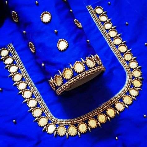 Aari Coin Work Blouse, Simple Mirror Maggam Work Blouses, Blue Blouse Mirror Work Designs, Coin Aari Work Blouse, Coin Aari Work Designs, Mirror Aari Work Blouse Design, Coin Work Blouse Designs, Simple Mirror Work Blouse Designs, Latest Simple Aari Work Blouse Designs