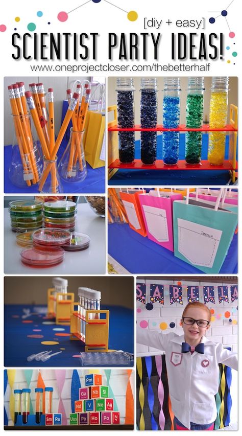 SUPER cute Scientist party with experiments, DIY, treats, accessories and more - SO SO fun! Scientist Party Ideas, Science Party Ideas, Lab Party, Science Themed Party, Science Birthday Party Ideas, Scientist Birthday Party, Mad Scientist Birthday, Nerd Party, Mad Science Party