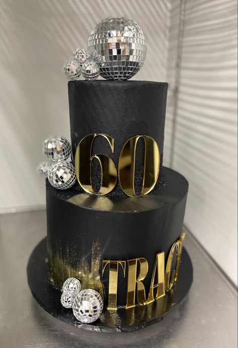 Black and gold two tier disco cake Disco 50th Birthday Cake, Black Disco Cake, Black And Gold Disco Party, Black And Gold 50th Birthday Cake, Disco Desserts, 70s Theme Cake, Beyonce Cake, Disco Themed Cake, Disco Theme Cake