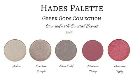 Palette inspired by Greek God Hades Mythology Olympian Created with Coastal Scents Eyeshadow Hephaestus Mythology, Greek God Hephaestus, Hades Mythology, God Hephaestus, Drawing Desk, Greek Mythology Gods, Colour Pallets, Witchcraft Books, Coastal Scents