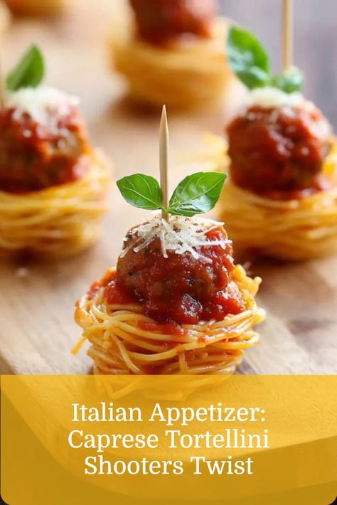 Tiny bites of spaghetti and meatballs, a fun Italian finger food for party appetizers. Mini Italian Appetizers, Italian Night Dinner Party Appetizers, Pasta Hors D’oeuvres, Fall Italian Appetizers, Italian Thanksgiving Appetizers, Italian Horderves Appetizers, Fancy Meatball Appetizers, Appetizers For Spaghetti Dinner, Italian Foods For A Party