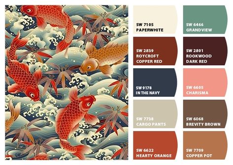 Instantly turn any picture into a palette with ColorSnap, created for you by Sherwin-Williams. Japanese Color Combinations, Japanese Tattoo Color, Tattoo Color Palette, Japan Color Palette, Yearbook Fonts, Chinese Color Palette, Koi Fish Colors, Chinese Style Interior, Traditional Color Palette