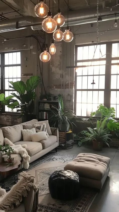 Embrace the Urban Chic: Exploring Industrial Living Room Styles - Decoholic Modern Industrial Living Room Apartment, Modern Natural Decor, Living Room Ideas Industrial, Modern Industrial Living Room, Industrial Living Room, Practical Furniture, Cozy Interior Design, House Loft, Comfy Living Room