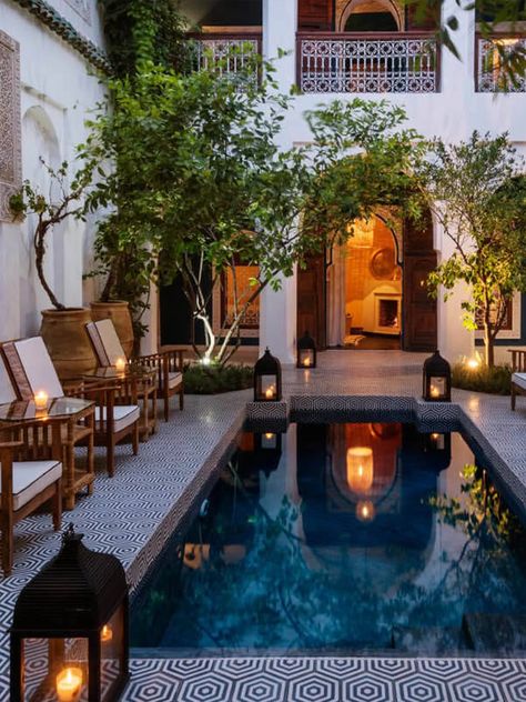 9 Cool Riads To Book In Marrakech | SheerLuxe Best Riads In Marrakech, Riads In Marrakech, Moroccan Garden, Modern Mediterranean Homes, Moroccan Riad, Spanish Style Architecture, Design Marocain, Riad Marrakech, Moroccan Room