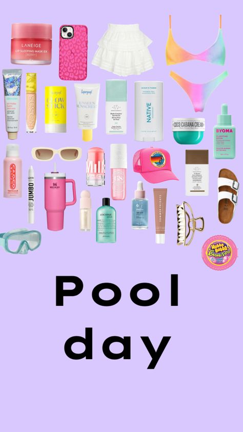 Pool day Preppy Pool Day, Pool Party Essentials, Pool Essentials Aesthetic, Preppy Pool Party, Pool Necessities, Pool Bag Essentials, Pool Day Essentials, Girls Bedroom Bedding, Pool Cake