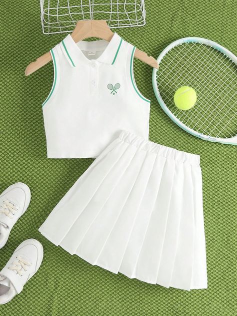 White Casual Collar Sleeveless  Graphic  Embellished Slight Stretch  Tween Girls Clothing Tennis Skirt Outfit Casual, Sporty Outfit, Tennis Skirt Outfit, Tennis Clothes, Swaggy Outfits, Polo Neck, Sporty Outfits, Tennis Skirt, White Casual