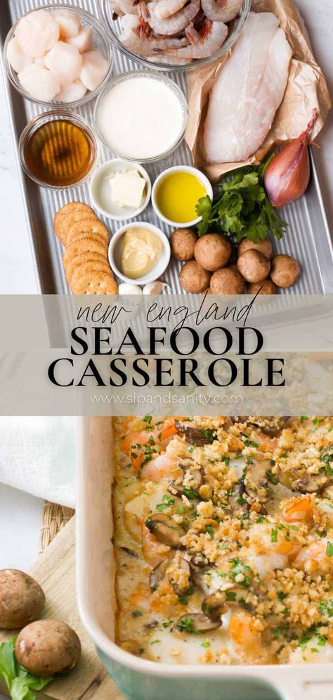 Try this New England Seafood Casserole for a crowd pleasing, elegant dish that’s so easy to make. It’s loaded with a combination of fresh seafood and topped with golden brown cracker crust. If you’re looking for an easy seafood casserole that captures coastal New England flavors, look no further! It’s loaded with a variety of seafood and flavor bombs like mushrooms, dry sherry and Dijon mustard and baked in a light sauce. Prepping is a breeze, and it bakes in a jiffy. Baked Seafood Casserole, Casserole For A Crowd, New England Seafood, Seafood Lasagna Recipes, Seafood Casserole Recipes, Coastal New England, Seafood Dish Recipes, Baked Scallops, Seafood Bake