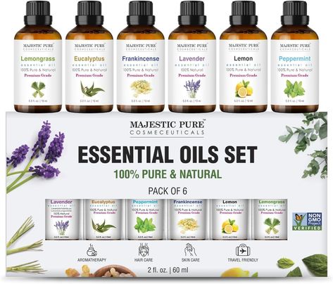 PRICES MAY VARY. 100% Pure & Natural: Majestic Pure essential oil set contains 6 essential oils that are 100% pure & natural, crafted without any additives, fillers or synthetic ingredients Great for Aromatherapy: Indulge in the soothing essence of essential oils that come with unique premiumproperties, promoting relaxation and a revitalizing experience Diverse Uses: The essential oil set for skin and hair comes with diverse uses in terms of using it for aromatherapy, skin care, hair care, or cr Eucalyptus Tea, Aromatherapy Humidifier, Lavender Eucalyptus, Essential Oil Set, Amber Glass Bottles, Humidifiers, Essential Oil Bottles, Lemon Lavender, Diy Recipes