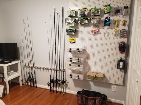 Organizing some of my fishing tackle #fishing #bass #tackle Fishing Garage Organization, Fishing Organization Ideas, Bass Boat Storage, Fishing Tackle Room, Garage Organization Storage, Fishing Tackle Organization, Boat Organization, Fishing Organization, Fishing Pole Holder