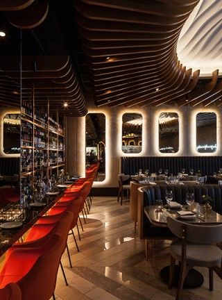 Nulty - Haz Restaurant, Planation Place, London - Lighting Scheme Dining Bar Mirrors Halo Glow Ceiling Wooden Slats Downlights | SHORTLISTED, Restaurant & Bar Design Awards 2018 and FX Awards 2018 Hotel Lobby Interior Design, Bar Mirrors, Luxury Restaurant Interior, Luxury Hotels Interior, Hotel Bedroom Design, Hotel Room Interior, Lighting Scheme, Halo Glow, Restaurant London