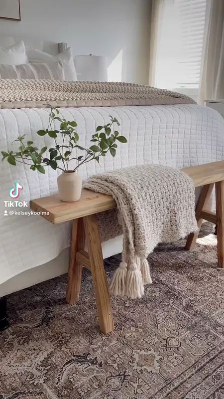 Wood bench link! #LTKhome #LTKunder50 #LTKunder100 Bench Decor Bedroom, How To Style A Bench In Bedroom, Wooden Bench In Bedroom, Natural Wood Bench Bedroom, Wooden Bed Frame With Bench, How To Decorate A Bench In Bedroom, Bench At End Of Queen Bed, Bench Bottom Of Bed, Benches At End Of Bed