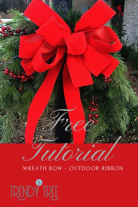 Outdoor Velvet Ribbon Wreath Bow Tutorial - Trendy Tree Blog| Holiday Decor Inspiration | Wreath Tutorials|Holiday Decorations| Mesh & Ribbons  #trendytree #outdoorbow #wreathbow Wreath Bow Tutorial, Outdoor Ribbon, Making Bows For Wreaths, Making A Wreath, Ribbon Wreath Christmas, Christmas Bows Diy, Mesh Ribbon Wreaths, Wreath Bows, Storing Christmas Decorations