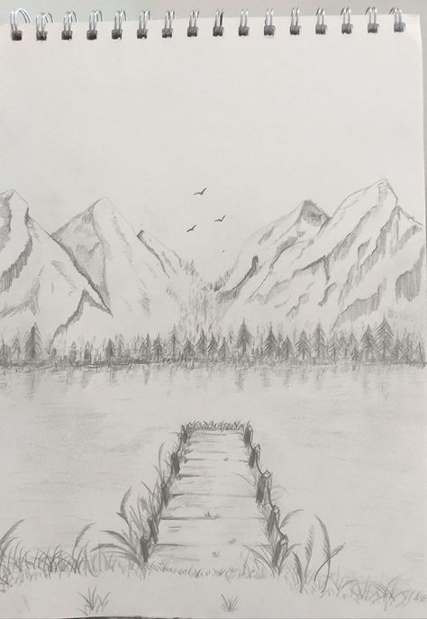 Mountain Drawing Simple, Small Easy Drawings, Nature Sketches Pencil, Pencil Sketches Landscape, Beautiful Pencil Sketches, Glass And Concrete, Mountain Sketch, Beginner Sketches, Drawing Scenery