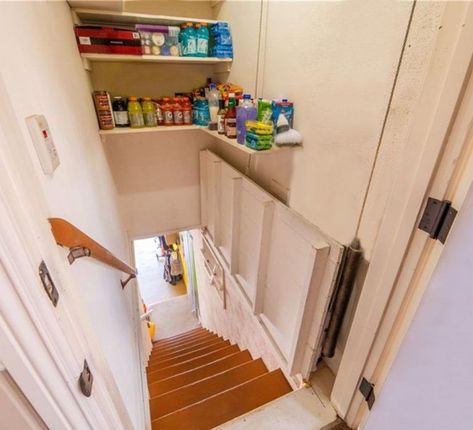 Basement Stairway Storage, Stairway Storage Ideas Basement, Door Under Stairs Ideas, Over Basement Stairs Storage, Pantry Over Basement Stairs, Basement Stair Storage Ideas, Basement Stairwell Storage, Entrance To Basement Stairs, Trap Door Ideas