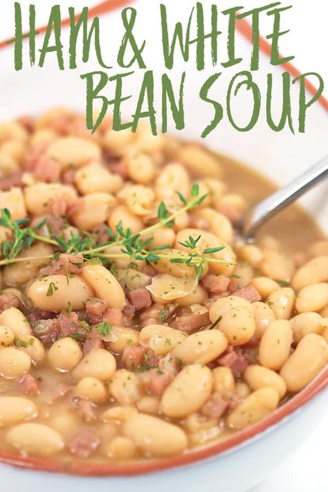 Easy White Bean Soup With Ham, Easy Soup Beans, Quick White Bean Recipes, Ham White Bean Soup Crockpot, Ham And White Bean Soup Recipes, Easy Ham And Bean Soup With Canned Beans, Homemade Ham And Bean Soup, Easy White Bean Soup Recipes, Ham White Bean Soup