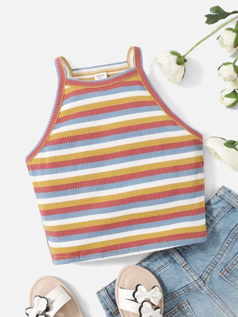 Free Returns ✓ Free Shipping✓. SHEIN Teen Girls Block Striped Halter Top- Tween Girls Tank Tops & Camis at SHEIN. Cheap Cute Summer Tops, Summer Outfits For Girls 10-12, 6th Grade Girl Outfits, Cute Tank Tops For Summer, Summer Outfits Teen, Shein Crop Tops, Teen Tops, Cute Tops For Teens