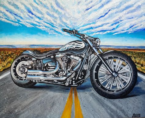 Motorcycle Art Drawing, Motorcycle Painting Acrylic, Motorbike Painting, Bike Painting, Motorcycle Art Painting, Cycle Painting, Harley Davidson Artwork, Horizontal Painting, Motorcycle Artwork