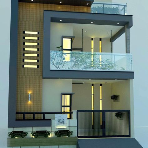 Exterior - Exterior View of Linear House Design with Glass Railing & Recessed Lighting Front Evelvation, Duplex House Elevation Design Modern India, Front Elevation Glass Railing Design, 30x40 House Elevation Design, Front Design Of House In India, House Front Elevation Design Indian, Glass Elevation House, Elevation Lighting Design, Glass Elevation Design