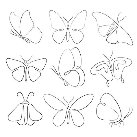 Hand drawn butterfly outline pack Free V... | Free Vector #Freepik #freevector #butterfly-outline #butterfly-drawing #hand-drawn-butterfly #butterfly-illustration Butterfly Art Tattoo, Butterfly Line Art Tattoo, One Line Butterfly Tattoo, Butterfly Outline Tattoo, Line Art Butterfly, Hand Drawn Butterfly, Drawn Butterfly, Borboleta Tattoo, Butterfly Line Art