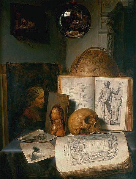 simon luttichuys -  Vanitas still life with skull, books, prints and paintings by Rembrandt and Jan Lievens. Gerrit Dou, Vanitas Paintings, Vanitas Vanitatum, Dutch Still Life, Still Life Artists, Baroque Art, Art Classique, A Skull, Painting Still Life