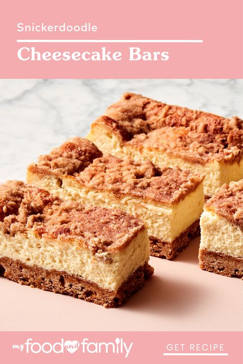 For a dessert that’s sure to delight, try these delicious Snickerdoodle Cheesecake Bars! Put this tasty treat together with cinnamon, PHILADELPHIA Cream Cheese, vanilla, BREAKSTONE’S Sour Cream, eggs, and sugar. Philadelphia Mini Cheesecakes, Snickerdoodle Cheesecake Bars, Philly Cheesecake, Snickerdoodle Cheesecake, Snickerdoodle Bars, Philadelphia Recipes, Cream Eggs, Lemon Cheesecake Bars, Cheesecake Bar Recipes