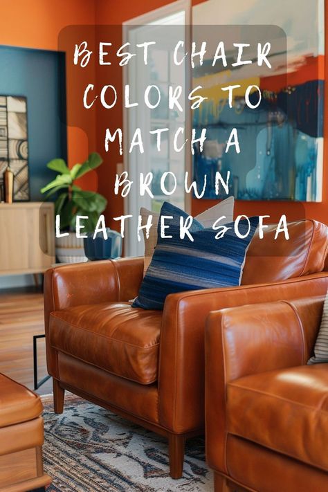 Looking to complement your brown leather sofa with new chairs? Explore the best chair colors to match your elegant sofa. Click to see my stylish suggestions! 🛋️🎨✨ #LivingRoomDecor #LeatherSofa #ChairColors #HomeDesign #InteriorStyle Brown Leather Sofa Mood Board, Couch With Leather Accent Chairs, What Chairs Go With Brown Leather Couch, Leather Sectional With Accent Chair, Leather Couch Sitting Room, Cognac Leather Color Palette, Camel Leather Couch Living Room Ideas, Mixing Leather Furniture Colors, Caramel Sofa Living Room Ideas