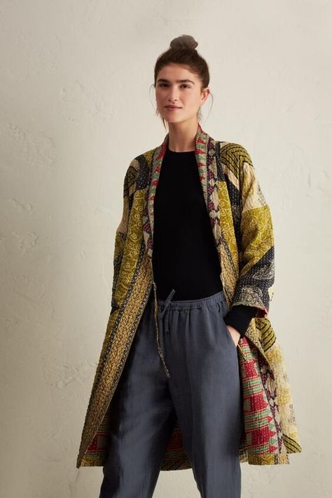 Cardigan Coat Pattern, Anna Murphy, Kantha Coat, Eclectic Clothes, Kantha Kimono, Quilted Coats, Quilted Clothing, Tenun Ikat, Kimono Outfit