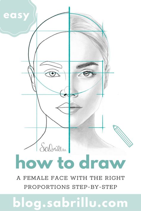 Face drawing with construction lines, perfect proportions, easy tutorial Human Face Drawing, Beginner Drawing Lessons, Facial Proportions, Face Proportions, Female Face Drawing, Portrait Tutorial, Drawing Tutorial Face, Nose Drawing, Portraiture Drawing