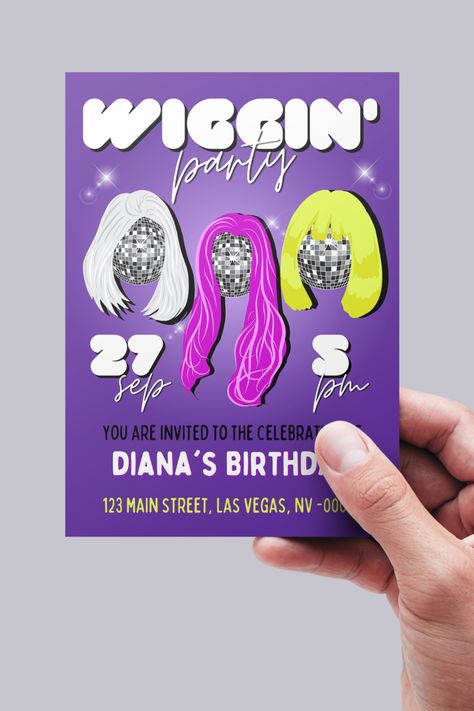 Wig Invite - editable and printable template. Wig Party Theme Birthday Invitation, Wig Party Invite, Wig Party Invitations, Party Labels, Wig Party, Miami Florida, You Are Invited, Social Media Graphics, Party Printables