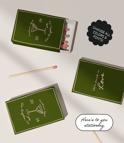 This quirky and fun matchbook favors template features our own hand drawn scribble sketch illustrations and a handwritten style fonts. 100% EDITABLE - Easily customize and edit to suit your event! Fully editable colors and text! >> DEMO - TRY BEFORE YOU BUY: Copy the demo link, paste it in your browser and change the wordings to see how it looks!: ↳http://templett.com/design/demo/HeresToYou/28391962,28391383 >> VIEW PARTY FAVORS: https://www.etsy.com/shop/HeresToYouShop?ref=seller-platform-mcnav§ion_id=49983301 -------------------------- >>HOW DOES IT WORK? 1. After purchase, you will receive an email from Templett. Check your Spam folder if you can't see it. 2. Download the instructions and follow the link sent via email from Templett - this will take you to the Templett webpage, where yo Cool Matchbooks, Matchbook Favors, Matches Wedding, Matchbooks Wedding, Scribble Sketch, Martini Olives, Style Français, Wedding Party Favors, Custom Wedding Invitations