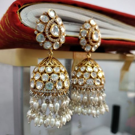 Polki Jhumki Earrings, Polki Earrings Jhumkas, Polki Jhumkas, Gold Earing, Hyderabadi Jewelry, Earrings For Bride, Indian Jewelry Earrings, Indian Bridal Jewelry Sets, Bridal Jewelry Vintage