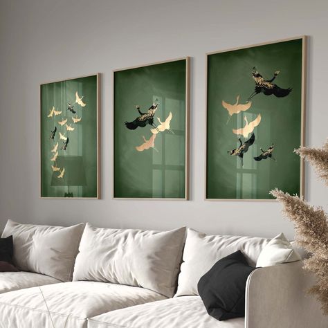 This wall art trio fuses vintage and modern to create this stunning piece for your home. The birds, taken from vintage Japanese art are overlaid with gold-toned abstract patterns and set against a textured, calming sage green background to create a beautiful gallery wall set you will treasure for years to come. Please note this design is not gold foiled.