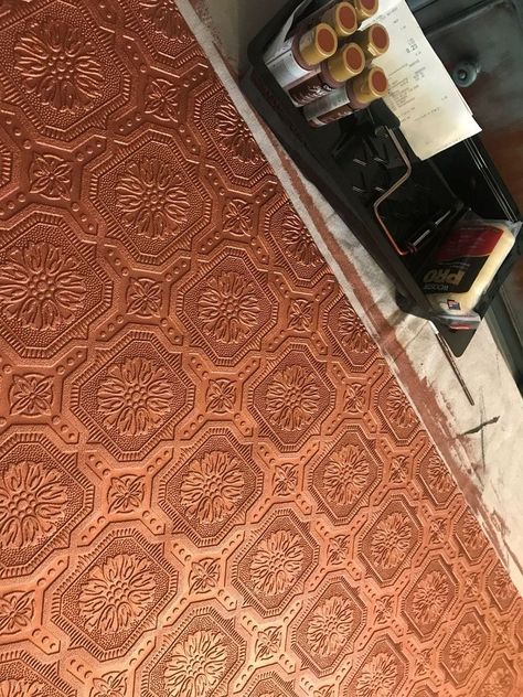 A Faux Copper Backsplash with cheap textured wallpaper with copper rustoleum paint Copper Contact Paper, Diy Copper Backsplash, Natural Backsplash, Colorado Lodge, Faux Brick Backsplash, Copper Tile Backsplash, Rustoleum Paint, Faux Brick Panels, Shiplap Backsplash