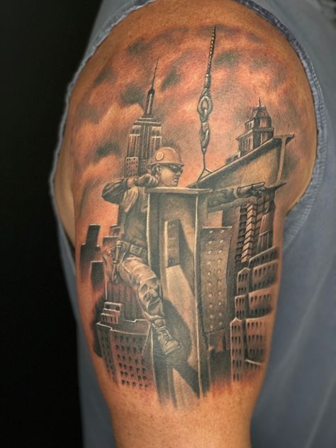 Ironworker Tattoo Ideas, City Tattoo Design, Ironworkers Tattoo, Tattoos New York, New York City Tattoo, Welding Tattoo, New York City Background, Building Tattoo, Tatted Guys